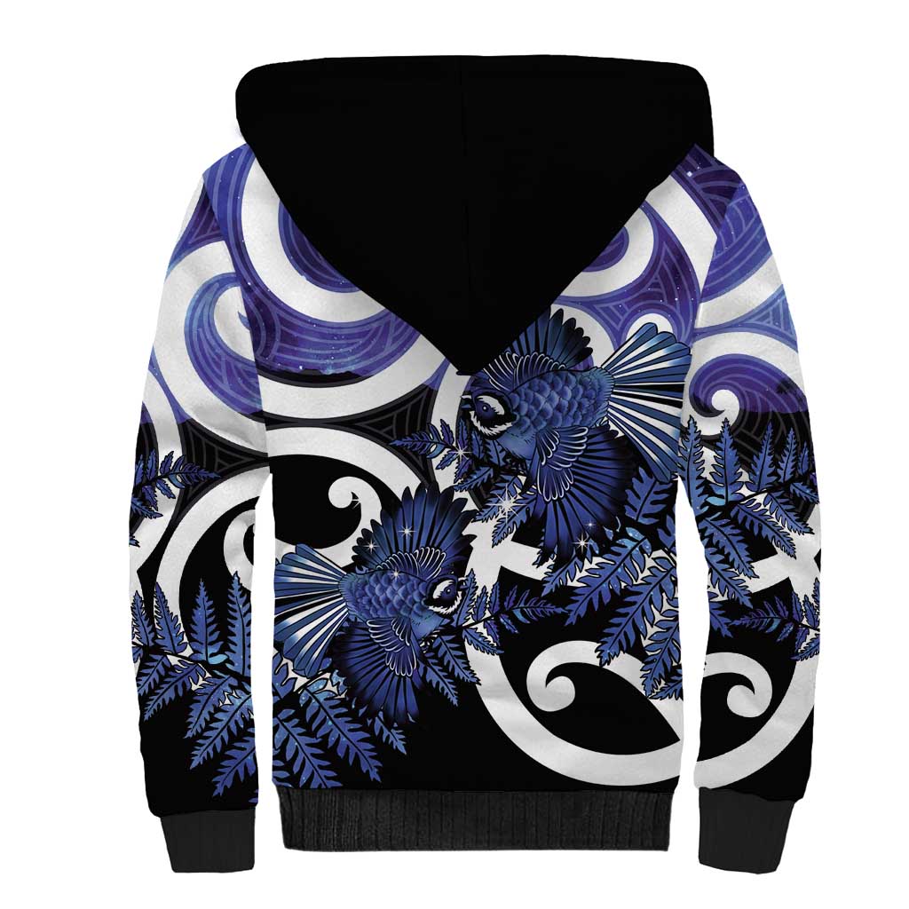 Piwakawaka New Zealand Matariki Sherpa Hoodie Maori New Year Silver Fern Purple Galaxy