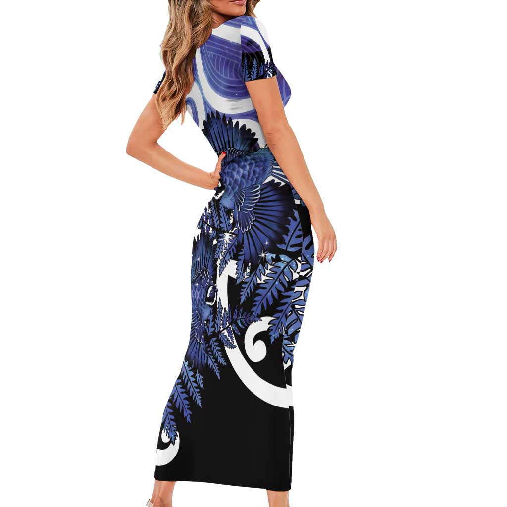 Piwakawaka New Zealand Matariki Short Sleeve Bodycon Dress Maori New Year Silver Fern Purple Galaxy