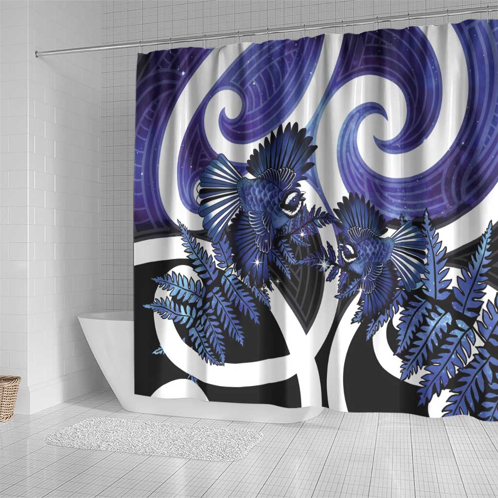 Piwakawaka New Zealand Matariki Shower Curtain Maori New Year Silver Fern Purple Galaxy
