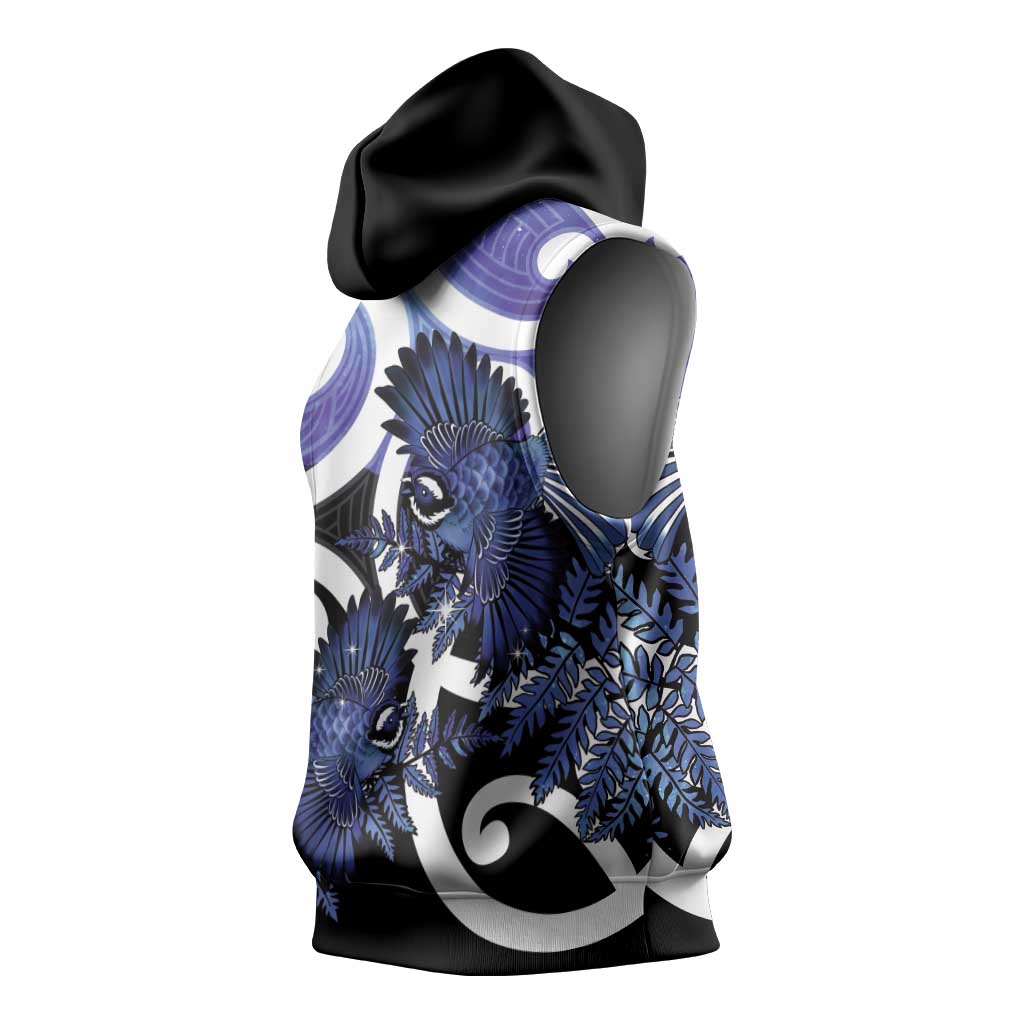 Piwakawaka New Zealand Matariki Sleeveless Hoodie Maori New Year Silver Fern Purple Galaxy