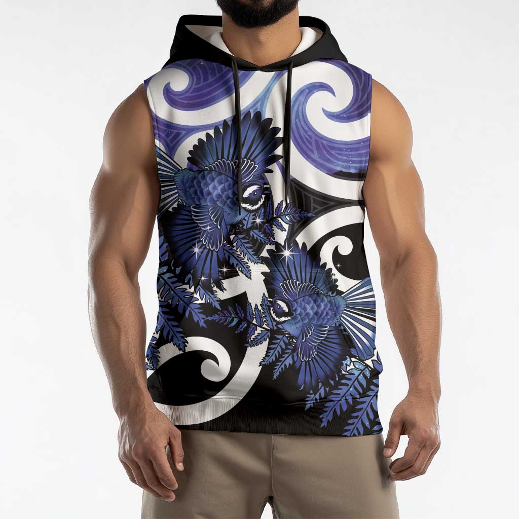 Piwakawaka New Zealand Matariki Sleeveless Hoodie Maori New Year Silver Fern Purple Galaxy