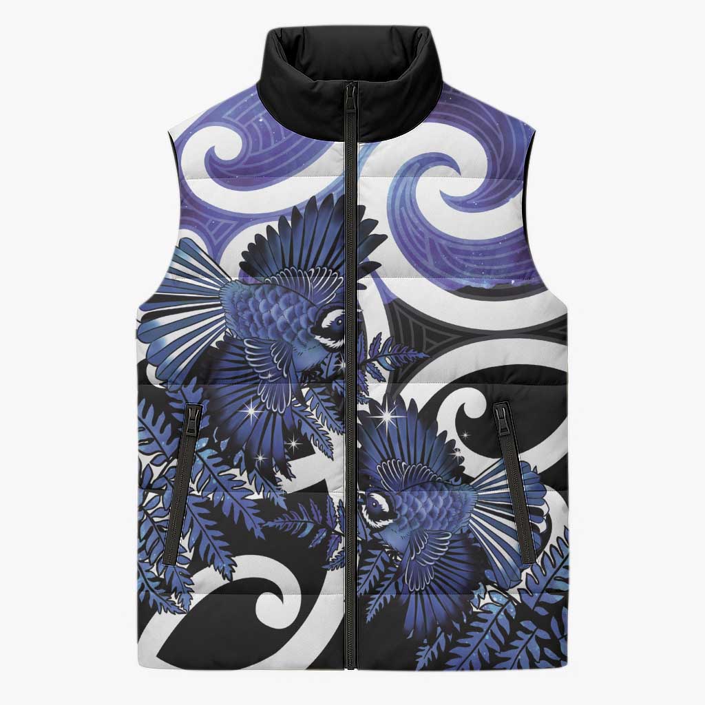 Piwakawaka New Zealand Matariki Sleeveless Puffer Jacket Maori New Year Silver Fern Purple Galaxy