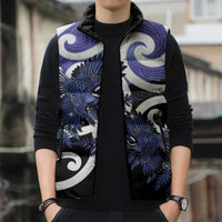 Piwakawaka New Zealand Matariki Sleeveless Puffer Jacket Maori New Year Silver Fern Purple Galaxy