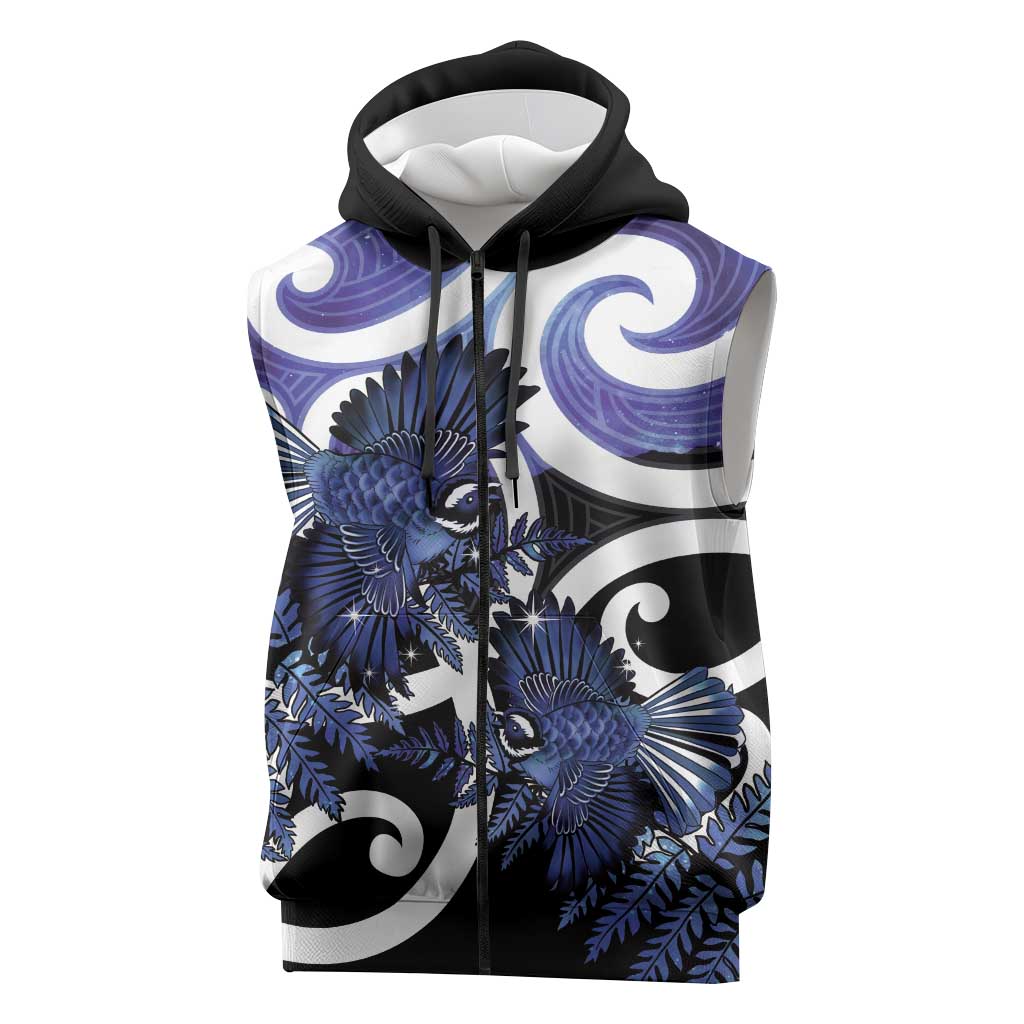 Piwakawaka New Zealand Matariki Sleeveless Zip Hoodie Maori New Year Silver Fern Purple Galaxy