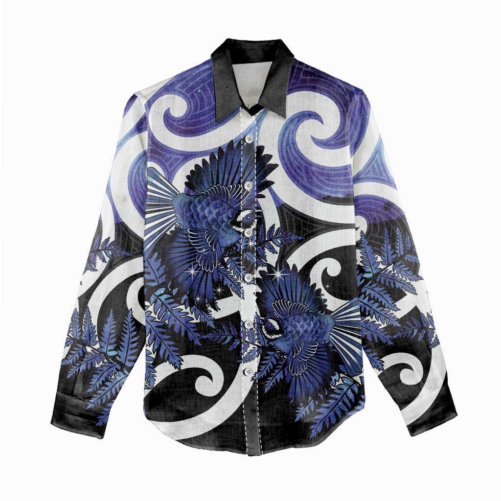 Piwakawaka New Zealand Matariki Women Casual Shirt Maori New Year Silver Fern Purple Galaxy