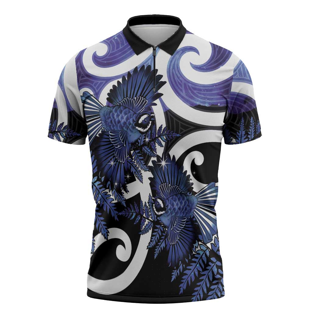 Piwakawaka New Zealand Matariki Zipper Polo Shirt Maori New Year Silver Fern Purple Galaxy LT14 Purple - Polynesian Pride