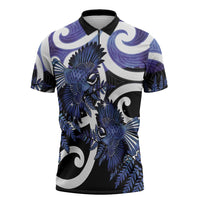 Piwakawaka New Zealand Matariki Zipper Polo Shirt Maori New Year Silver Fern Purple Galaxy