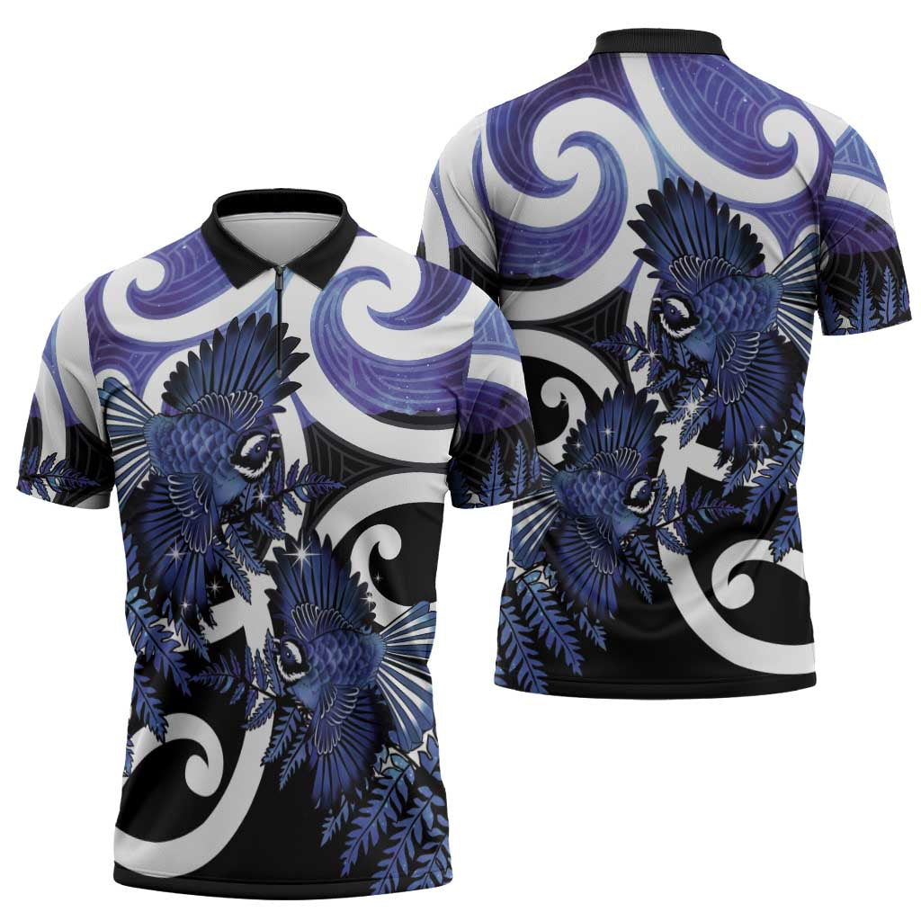 Piwakawaka New Zealand Matariki Zipper Polo Shirt Maori New Year Silver Fern Purple Galaxy
