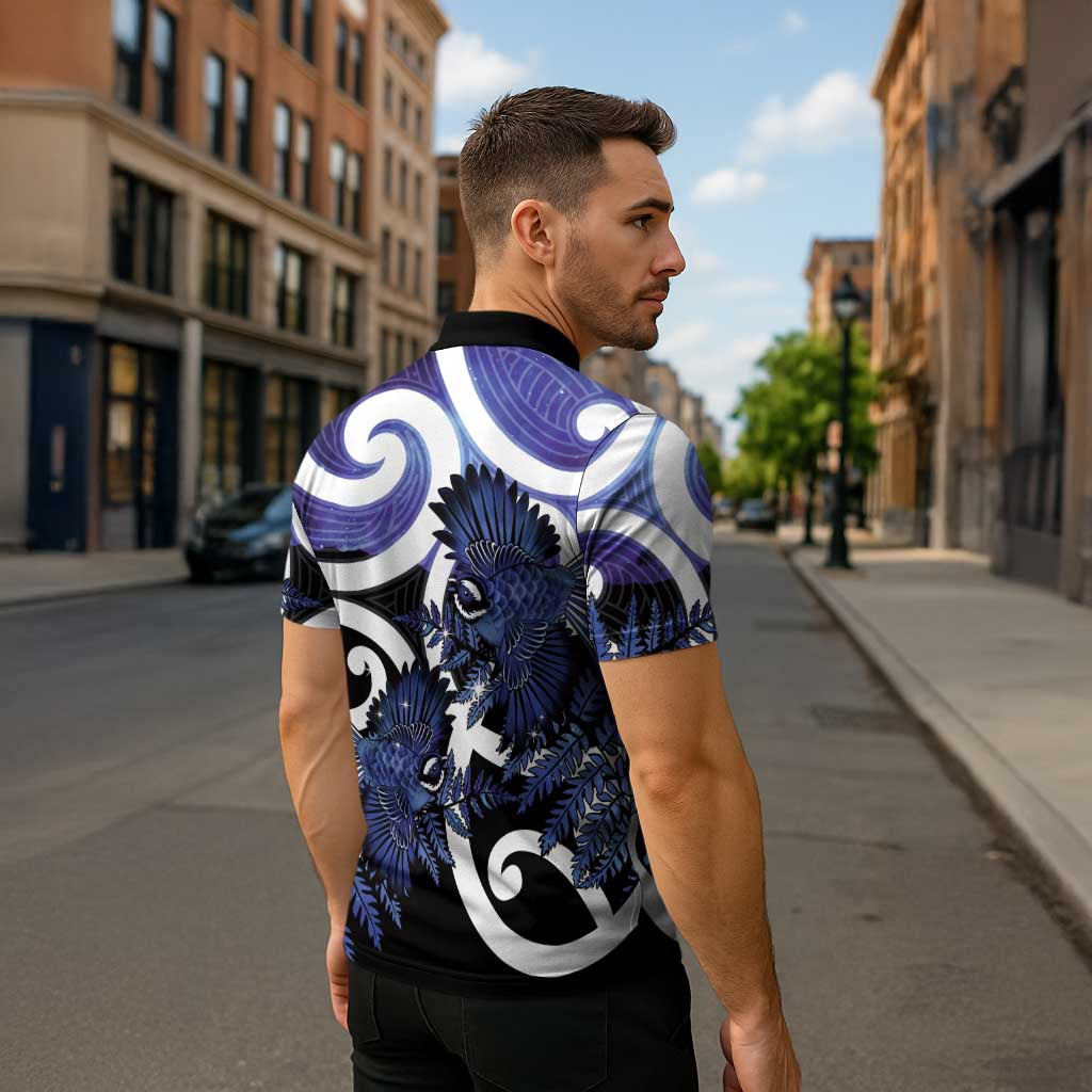 Piwakawaka New Zealand Matariki Zipper Polo Shirt Maori New Year Silver Fern Purple Galaxy