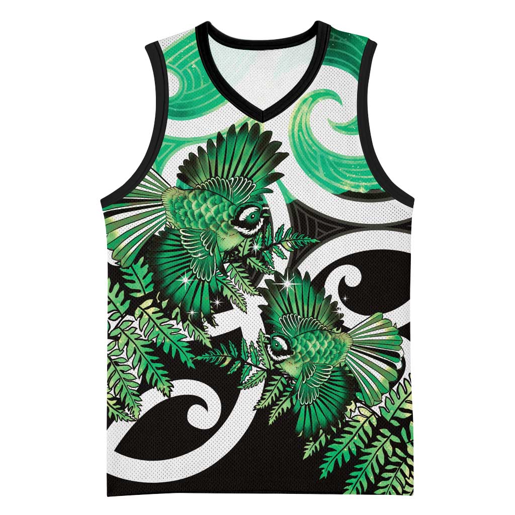 Piwakawaka New Zealand Matariki Basketball Jersey Maori New Year Silver Fern Green Galaxy LT14 Unisex Green - Polynesian Pride