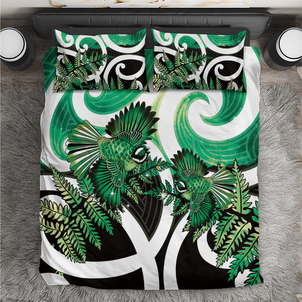 Piwakawaka New Zealand Matariki Bedding Set Maori New Year Silver Fern Green Galaxy