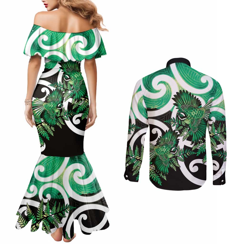 Piwakawaka New Zealand Matariki Couples Matching Mermaid Dress and Long Sleeve Button Shirt Maori New Year Silver Fern Green Galaxy