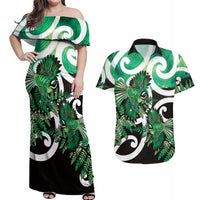 Piwakawaka New Zealand Matariki Couples Matching Off Shoulder Maxi Dress and Hawaiian Shirt Maori New Year Silver Fern Green Galaxy