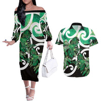 Piwakawaka New Zealand Matariki Couples Matching Off The Shoulder Long Sleeve Dress and Hawaiian Shirt Maori New Year Silver Fern Green Galaxy