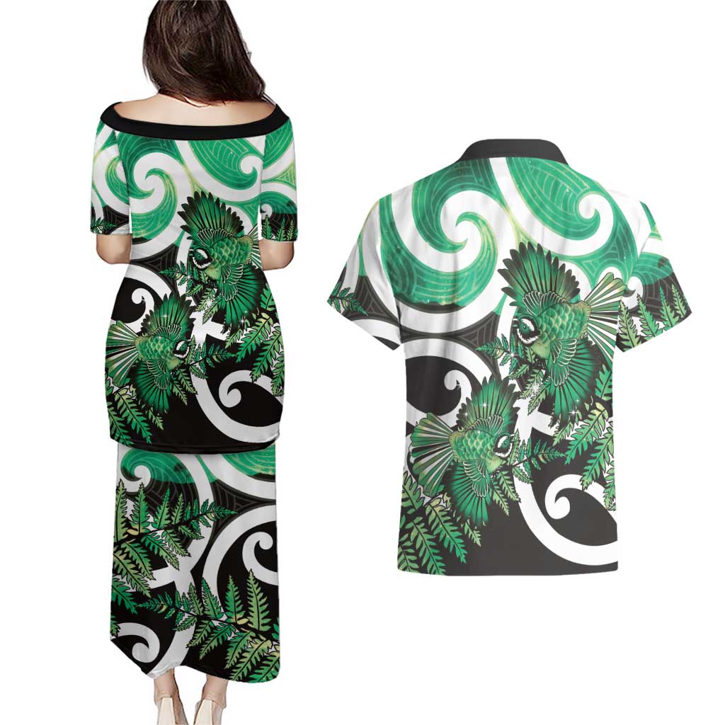 Piwakawaka New Zealand Matariki Couples Matching Puletasi and Hawaiian Shirt Maori New Year Silver Fern Green Galaxy