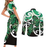 Piwakawaka New Zealand Matariki Couples Matching Short Sleeve Bodycon Dress and Long Sleeve Button Shirt Maori New Year Silver Fern Green Galaxy