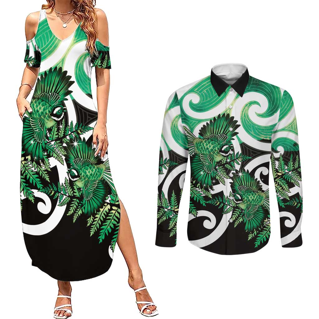 Piwakawaka New Zealand Matariki Couples Matching Summer Maxi Dress and Long Sleeve Button Shirt Maori New Year Silver Fern Green Galaxy LT14 Green - Polynesian Pride