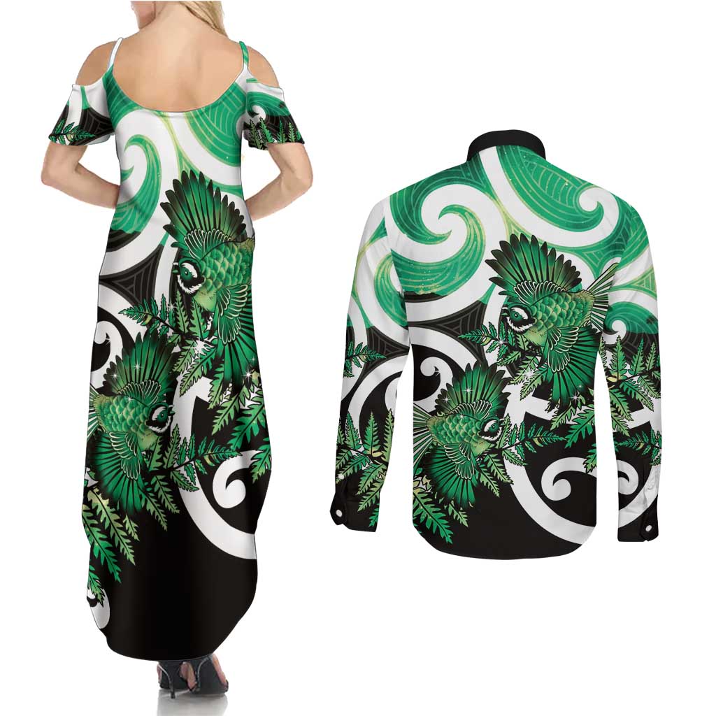 Piwakawaka New Zealand Matariki Couples Matching Summer Maxi Dress and Long Sleeve Button Shirt Maori New Year Silver Fern Green Galaxy