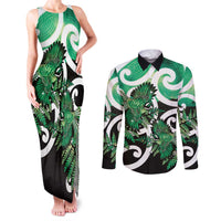 Piwakawaka New Zealand Matariki Couples Matching Tank Maxi Dress and Long Sleeve Button Shirt Maori New Year Silver Fern Green Galaxy