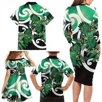 Piwakawaka New Zealand Matariki Family Matching Long Sleeve Bodycon Dress and Hawaiian Shirt Maori New Year Silver Fern Green Galaxy