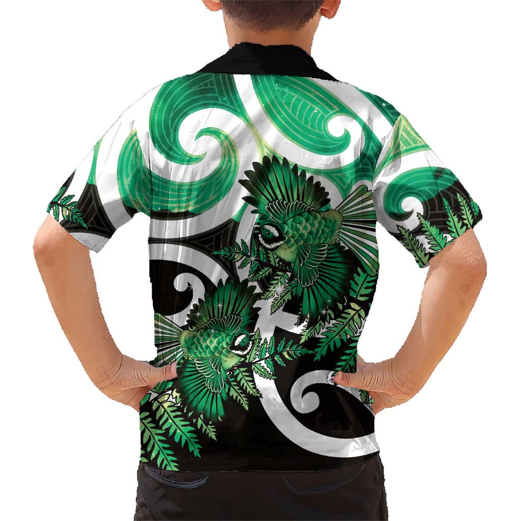 Piwakawaka New Zealand Matariki Family Matching Mermaid Dress and Hawaiian Shirt Maori New Year Silver Fern Green Galaxy