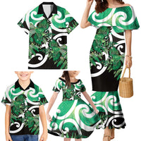 Piwakawaka New Zealand Matariki Family Matching Mermaid Dress and Hawaiian Shirt Maori New Year Silver Fern Green Galaxy
