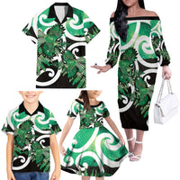 Piwakawaka New Zealand Matariki Family Matching Off The Shoulder Long Sleeve Dress and Hawaiian Shirt Maori New Year Silver Fern Green Galaxy