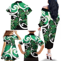 Piwakawaka New Zealand Matariki Family Matching Off The Shoulder Long Sleeve Dress and Hawaiian Shirt Maori New Year Silver Fern Green Galaxy