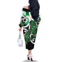 Piwakawaka New Zealand Matariki Family Matching Off The Shoulder Long Sleeve Dress and Hawaiian Shirt Maori New Year Silver Fern Green Galaxy