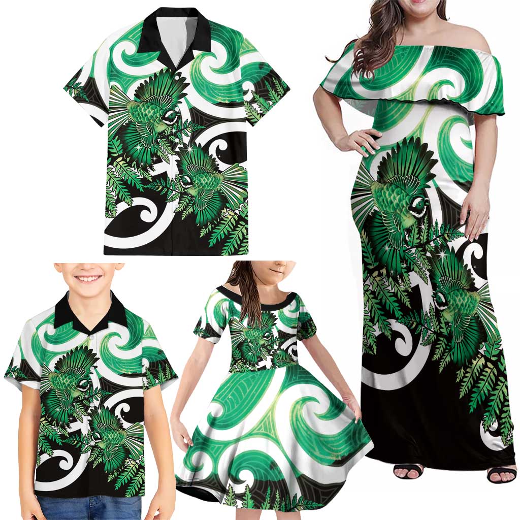 Piwakawaka New Zealand Matariki Family Matching Off Shoulder Maxi Dress and Hawaiian Shirt Maori New Year Silver Fern Green Galaxy LT14 - Polynesian Pride