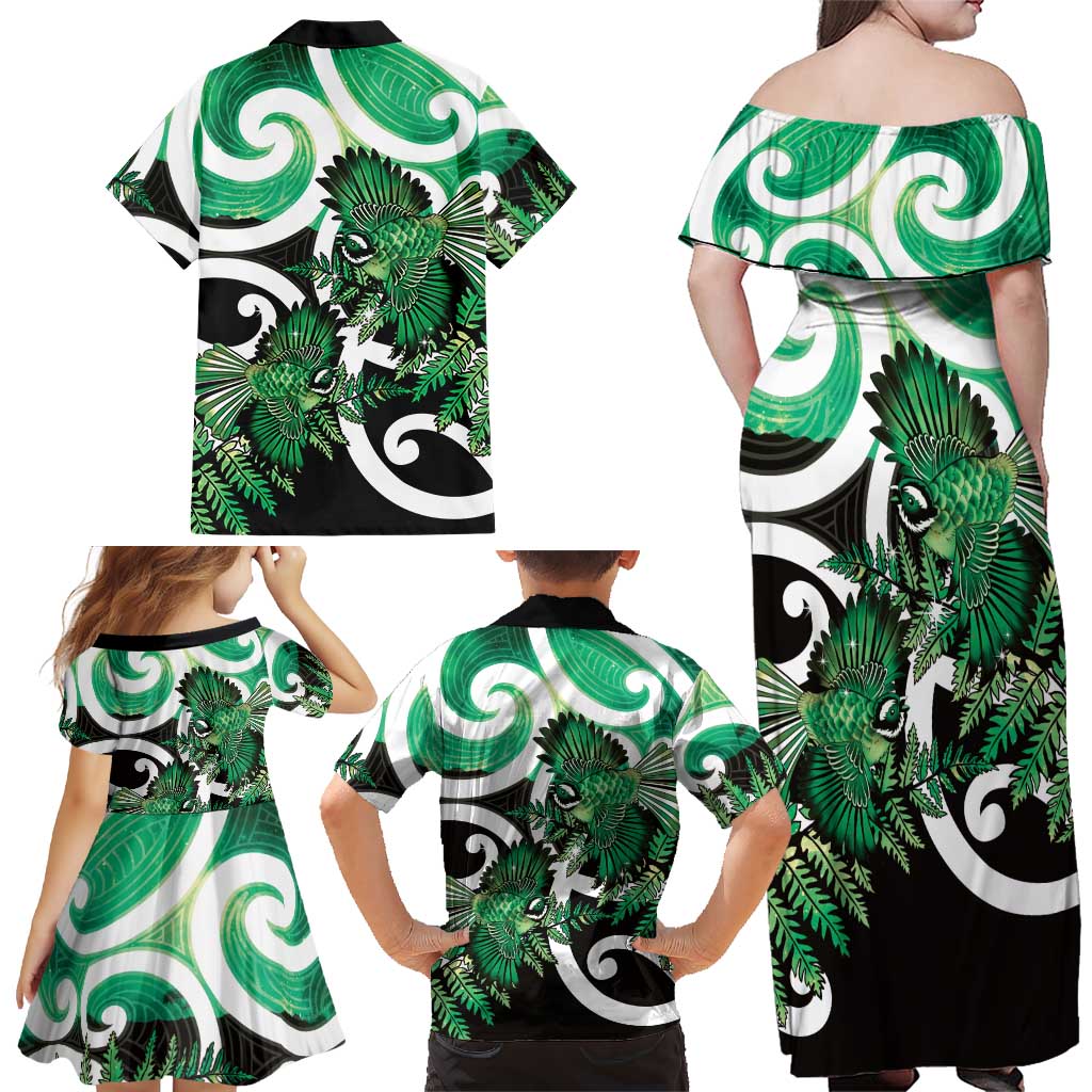 Piwakawaka New Zealand Matariki Family Matching Off Shoulder Maxi Dress and Hawaiian Shirt Maori New Year Silver Fern Green Galaxy