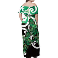 Piwakawaka New Zealand Matariki Family Matching Off Shoulder Maxi Dress and Hawaiian Shirt Maori New Year Silver Fern Green Galaxy