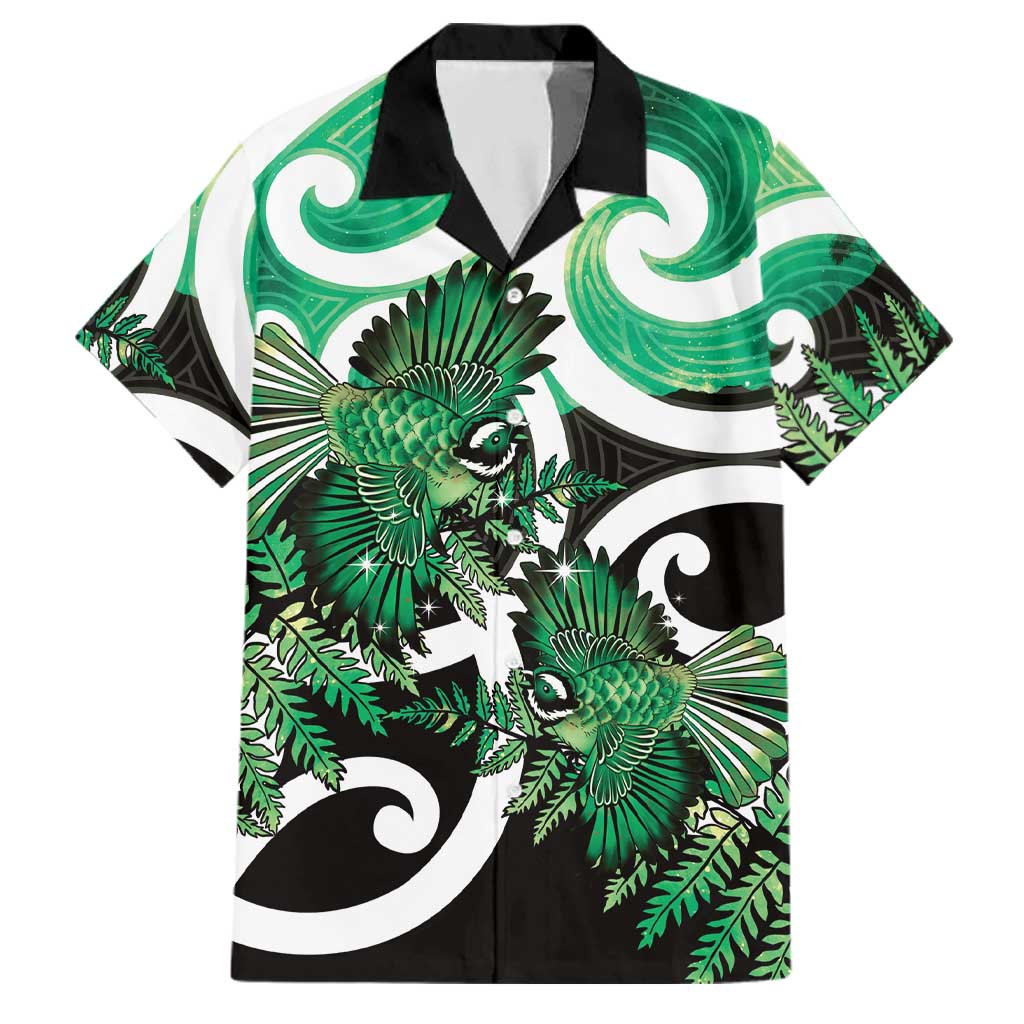 Piwakawaka New Zealand Matariki Family Matching Off Shoulder Short Dress and Hawaiian Shirt Maori New Year Silver Fern Green Galaxy