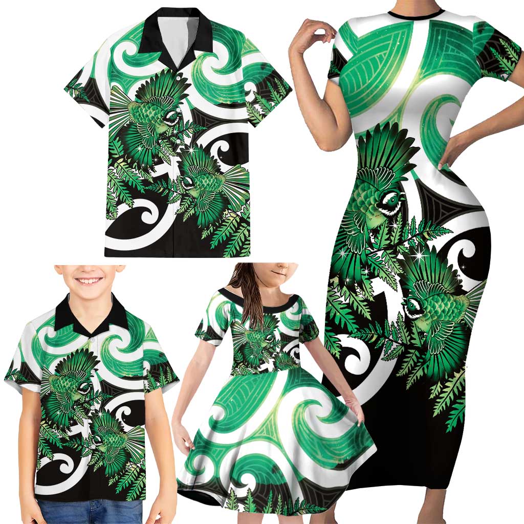 Piwakawaka New Zealand Matariki Family Matching Short Sleeve Bodycon Dress and Hawaiian Shirt Maori New Year Silver Fern Green Galaxy