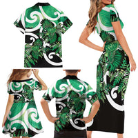 Piwakawaka New Zealand Matariki Family Matching Short Sleeve Bodycon Dress and Hawaiian Shirt Maori New Year Silver Fern Green Galaxy