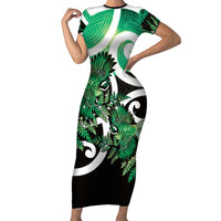 Piwakawaka New Zealand Matariki Family Matching Short Sleeve Bodycon Dress and Hawaiian Shirt Maori New Year Silver Fern Green Galaxy