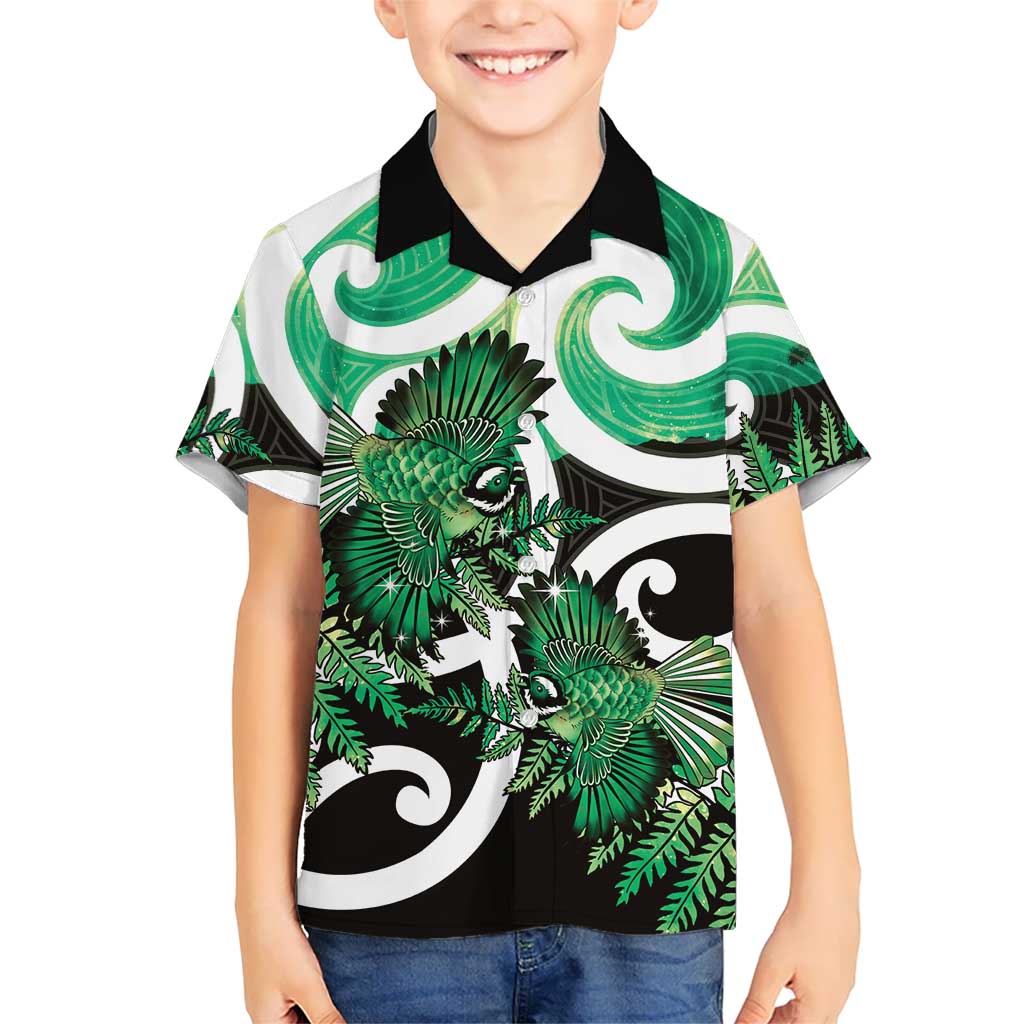 Piwakawaka New Zealand Matariki Family Matching Short Sleeve Bodycon Dress and Hawaiian Shirt Maori New Year Silver Fern Green Galaxy