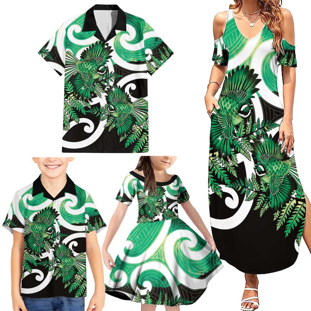 Piwakawaka New Zealand Matariki Family Matching Summer Maxi Dress and Hawaiian Shirt Maori New Year Silver Fern Green Galaxy LT14 - Polynesian Pride