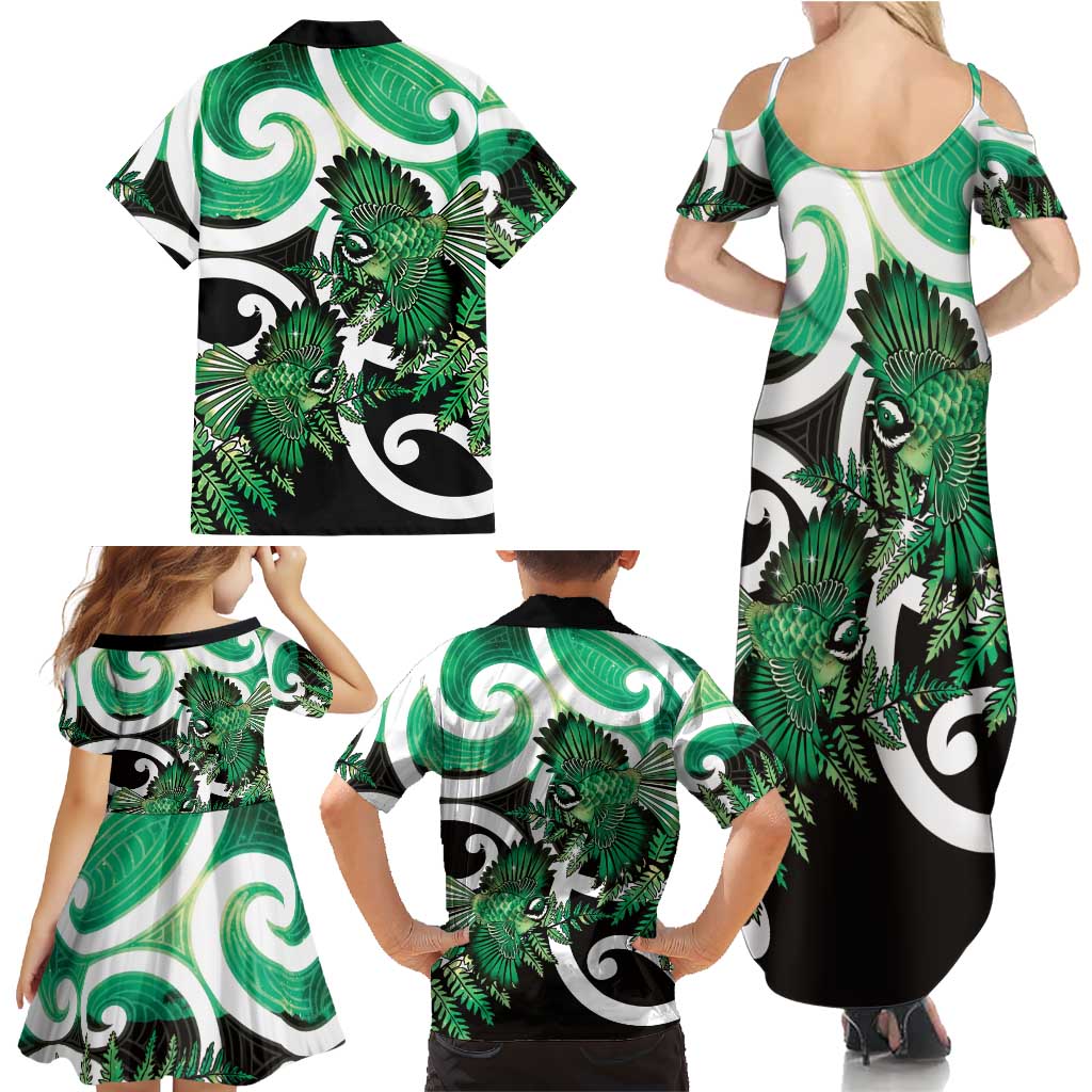 Piwakawaka New Zealand Matariki Family Matching Summer Maxi Dress and Hawaiian Shirt Maori New Year Silver Fern Green Galaxy