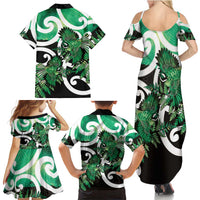 Piwakawaka New Zealand Matariki Family Matching Summer Maxi Dress and Hawaiian Shirt Maori New Year Silver Fern Green Galaxy