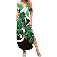 Piwakawaka New Zealand Matariki Family Matching Summer Maxi Dress and Hawaiian Shirt Maori New Year Silver Fern Green Galaxy