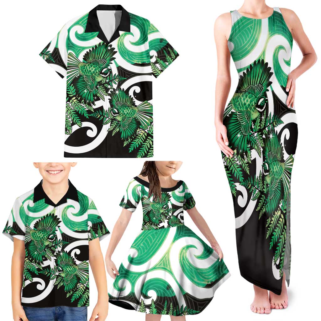 Piwakawaka New Zealand Matariki Family Matching Tank Maxi Dress and Hawaiian Shirt Maori New Year Silver Fern Green Galaxy LT14 - Polynesian Pride