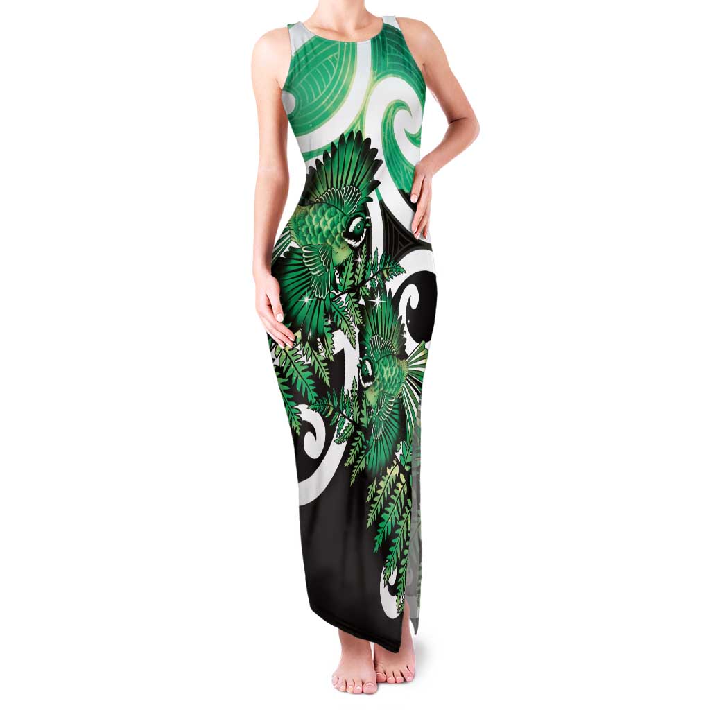 Piwakawaka New Zealand Matariki Family Matching Tank Maxi Dress and Hawaiian Shirt Maori New Year Silver Fern Green Galaxy