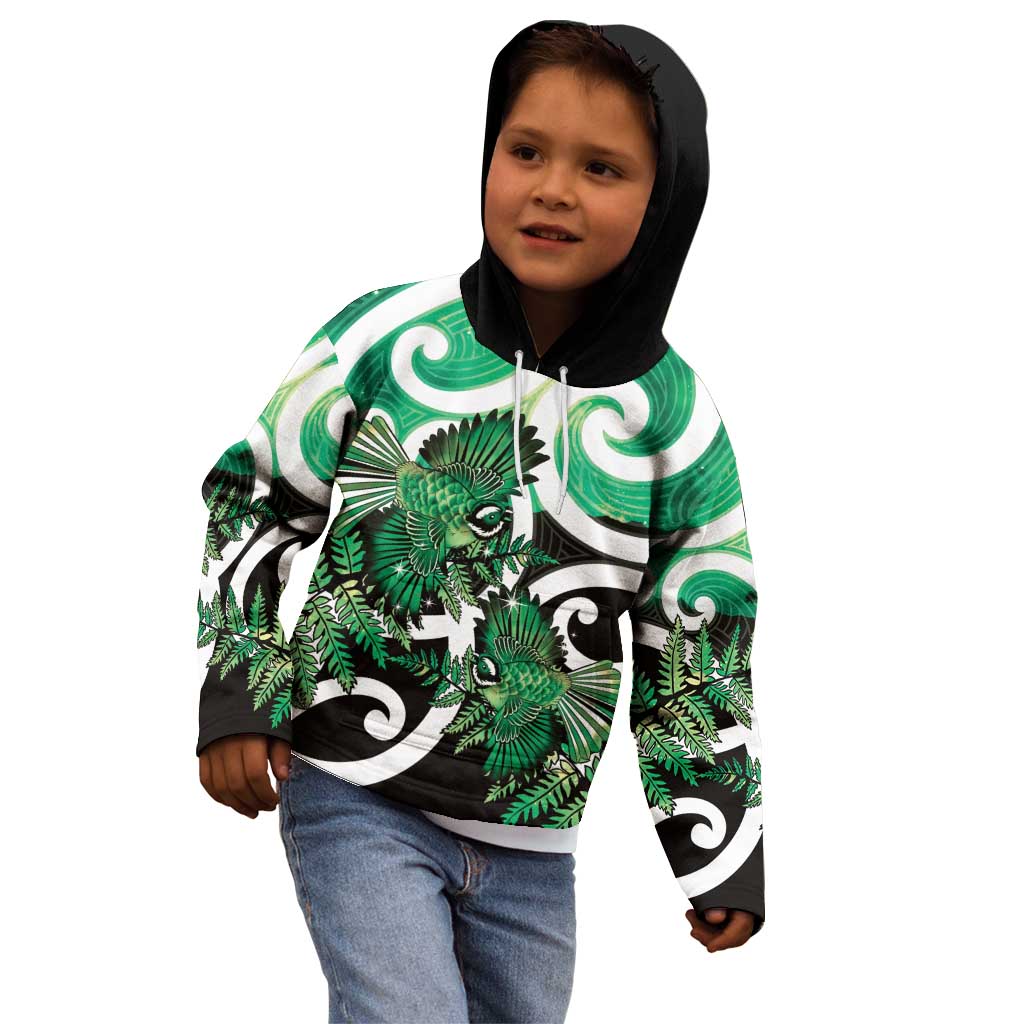 Piwakawaka New Zealand Matariki Kid Hoodie Maori New Year Silver Fern Green Galaxy