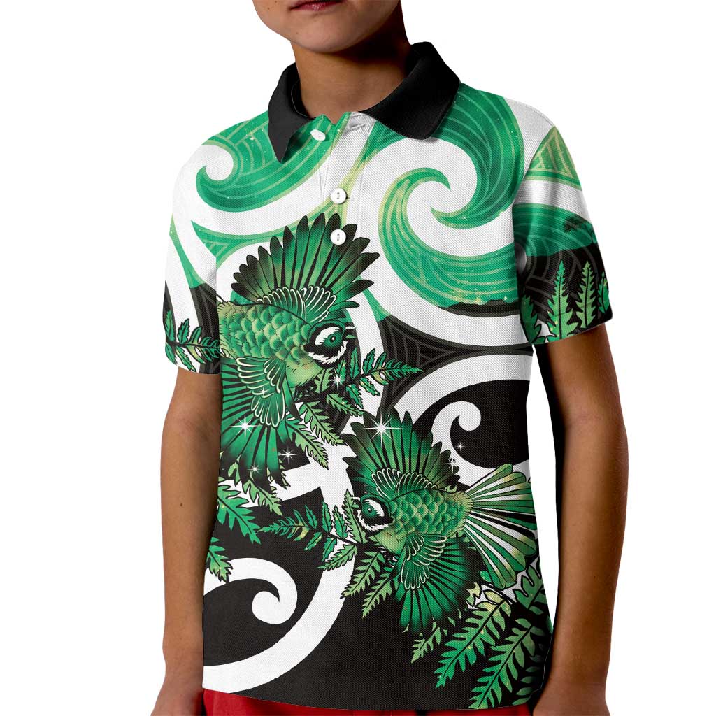 Piwakawaka New Zealand Matariki Kid Polo Shirt Maori New Year Silver Fern Green Galaxy LT14 Kid Green - Polynesian Pride