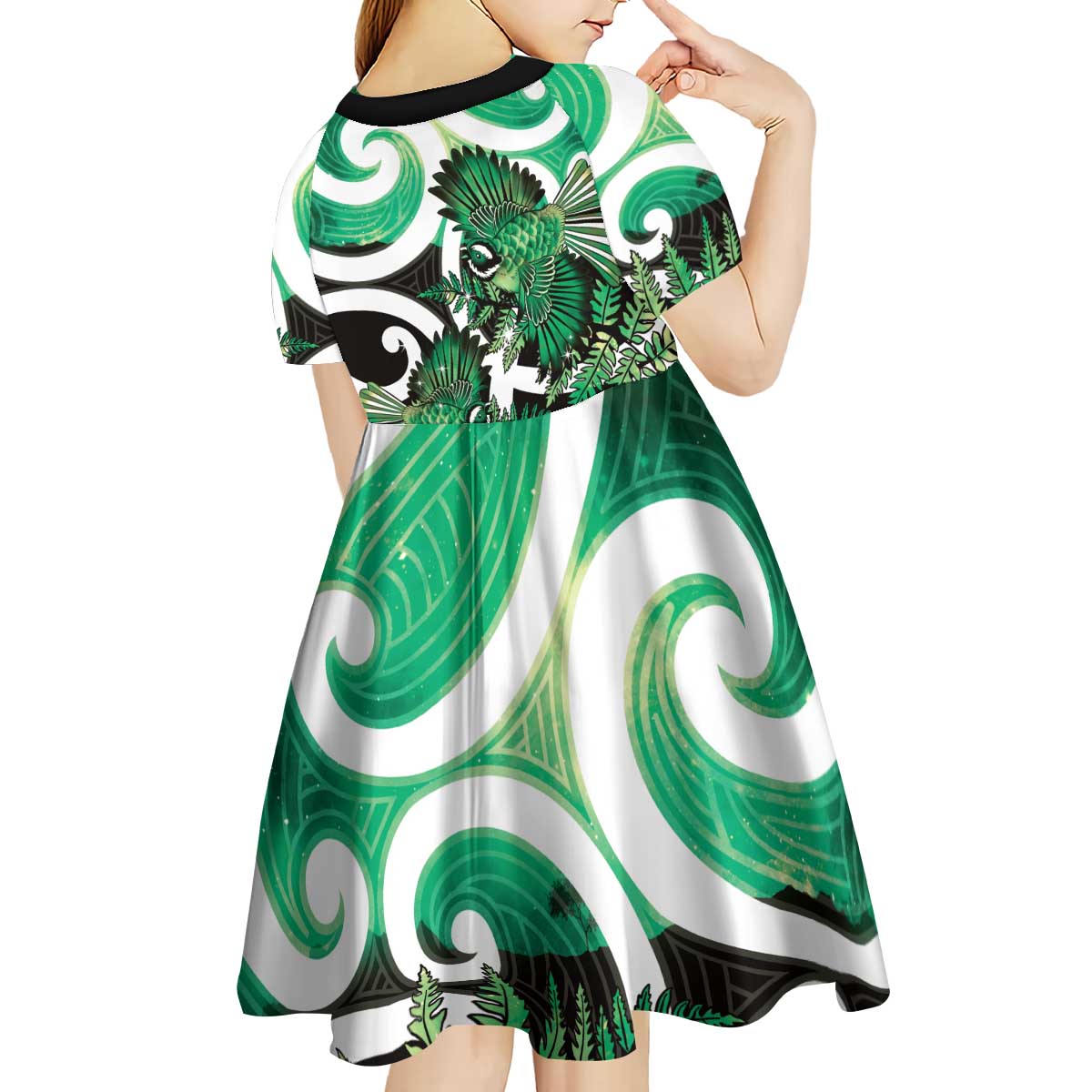 Piwakawaka New Zealand Matariki Kid Short Sleeve Dress Maori New Year Silver Fern Green Galaxy