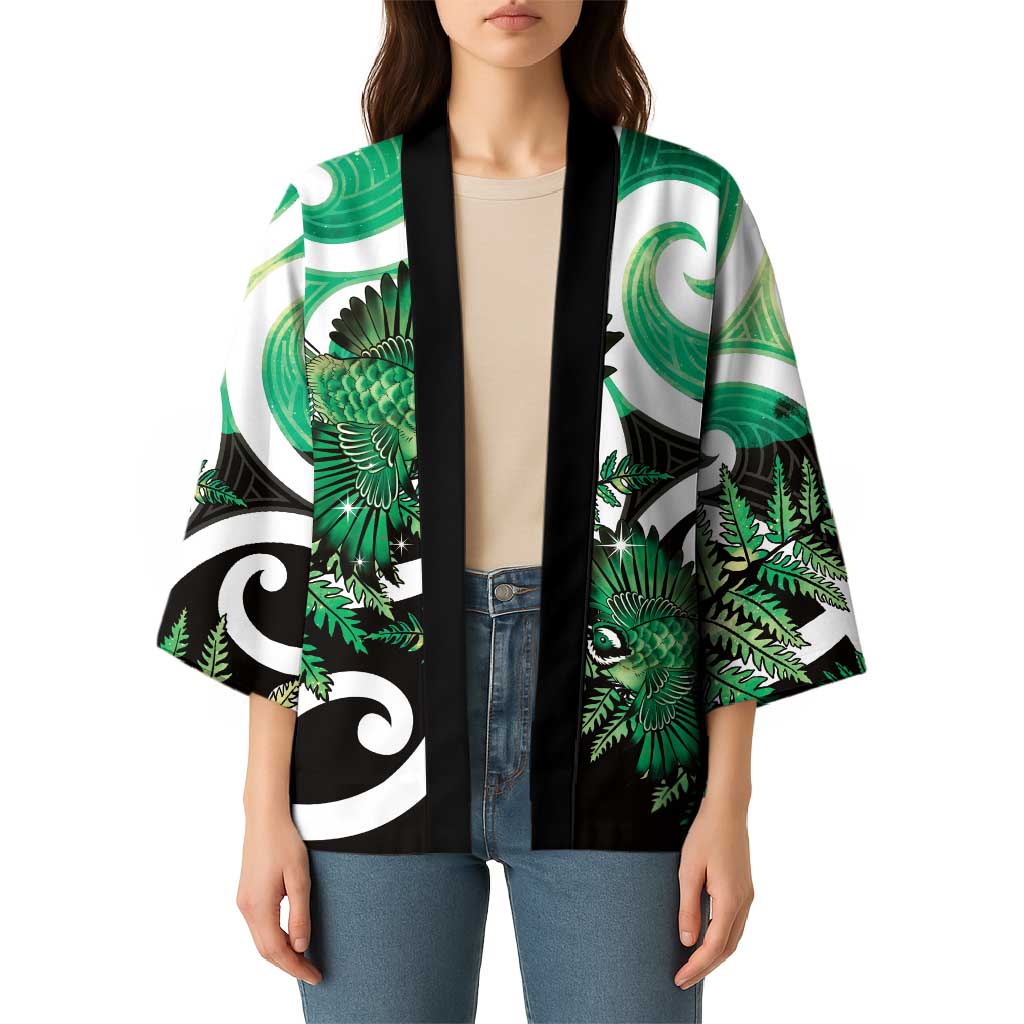 Piwakawaka New Zealand Matariki Kimono Maori New Year Silver Fern Green Galaxy