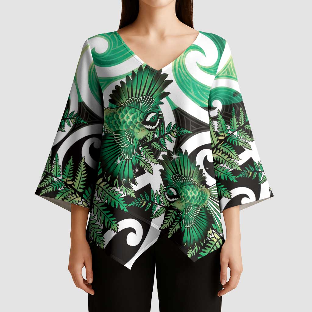 Piwakawaka New Zealand Matariki Kimono Sleeve Blouse Maori New Year Silver Fern Green Galaxy