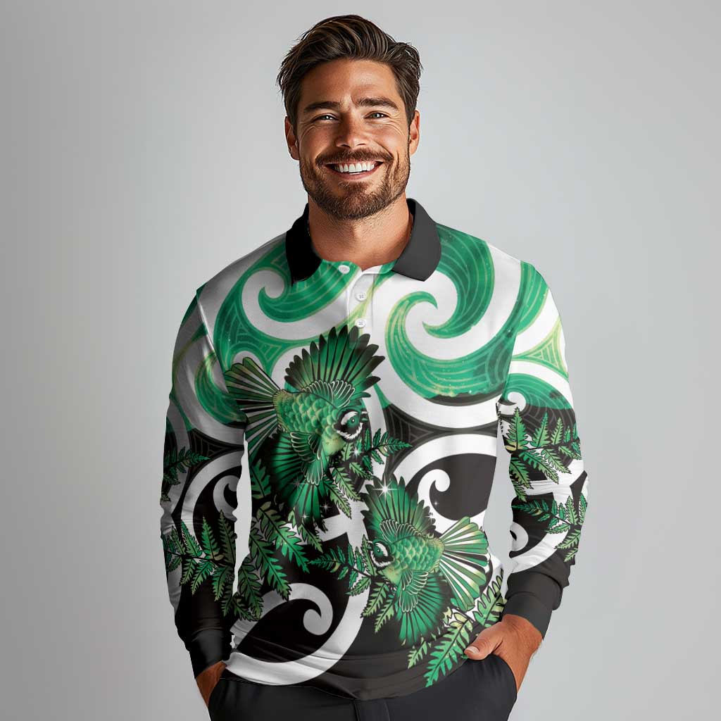 Piwakawaka New Zealand Matariki Long Sleeve Polo Shirt Maori New Year Silver Fern Green Galaxy