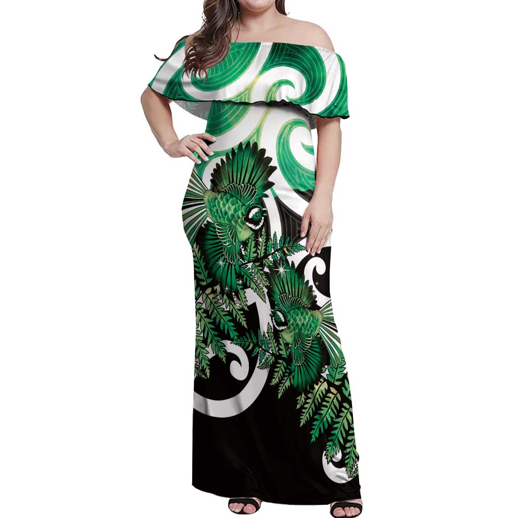 Piwakawaka New Zealand Matariki Off Shoulder Maxi Dress Maori New Year Silver Fern Green Galaxy